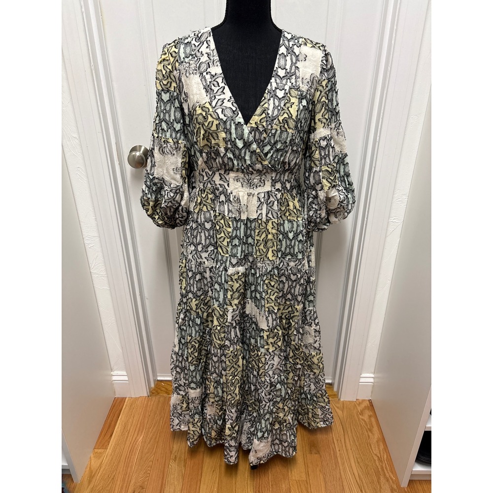 Anthropologie Patchwork Mixed Print Tiered Maxi Dress V-Neck Puff Sleeve Size M